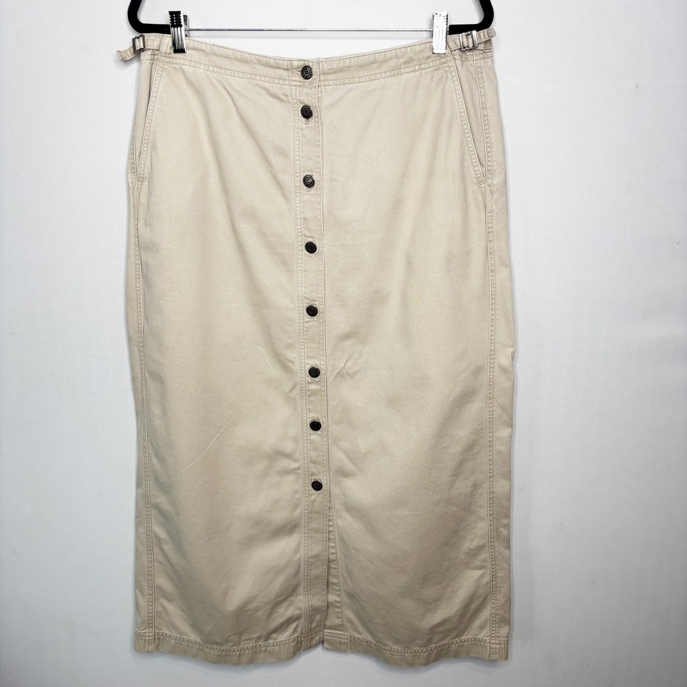 Y2K Lauren Ralph Lauren Cotton Button Front Midi Skirt Size 16 Khaki Cinch Side - Picture 3 of 11
